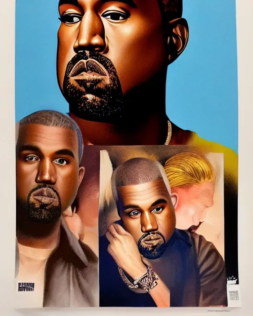 Image similar to kanye west dyed blonde hair 2 0 1 8, airbrush, drew struzan illustration art, key art, movie poster