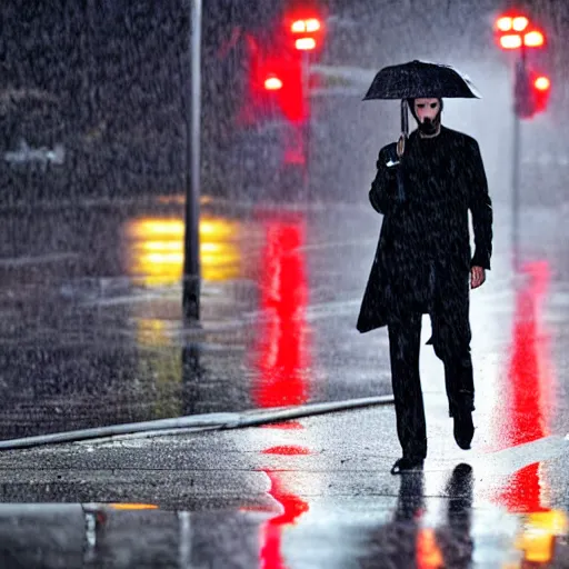 Prompt: keanu reeves walking in the rain on a reflective city street near a red flashing street light, highly detailed face and reflections misty dark close up photograph