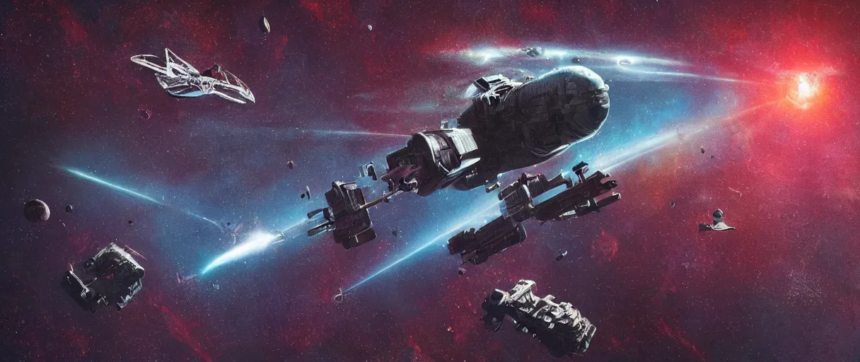 Image similar to tiny spaceship, deep space exploration!!!, flying, the expanse tv series, industrial design, the final frontier, illustrative!!, punk!!!, space pirate, hyperdetailed, hyperrealistic, utilitarian cargo ship, underexposed, cinematic lighting, 4k, wide angle, beksinski, (neon colors)