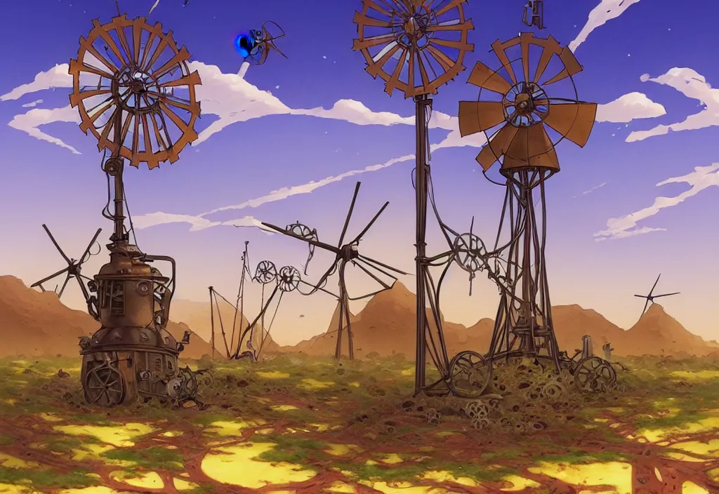 Image similar to steampunk windmill in the desert with chubby vines and puddles in the foreground, intricate oil painting, high detail illustration, sharp high detail, manga and anime 1 9 9 9, official fanart behance hd artstation by jesper ejsing and makoto shinkai, 4 k,