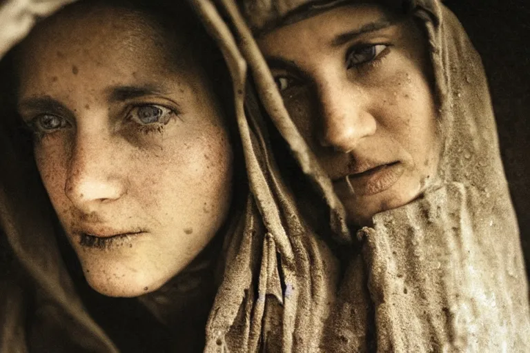 Prompt: a closeup cinematic!! headshot photograph!! of a beautiful female homeless war veteran, stood in a tunnel, rain, dirt, film still, cinematic lighting, by bill henson