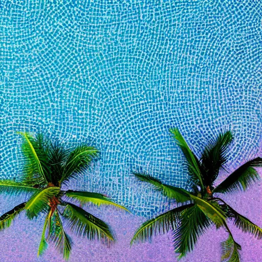 Prompt: close up aerial view photo of a sparkling swimming pool with palm tree leaves on the edges, pastel faded effect, synthwave colors, 8K