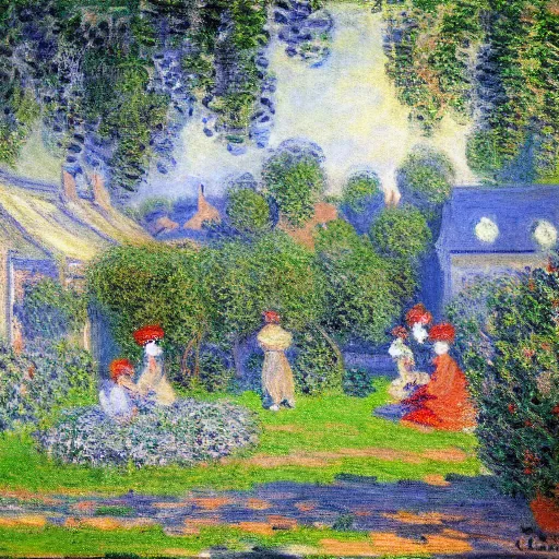 Prompt: a furry backyard party painting by claude monet, highly detailed painting