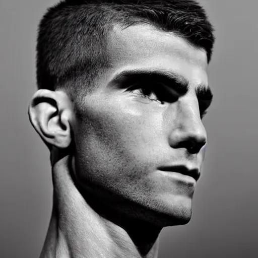 Image similar to “a realistic detailed photo of a guy who is an attractive humanoid who is half robot and half humanoid, who is a male android, Christian Pulisic, shiny skin, posing like a statue, blank stare, on display”