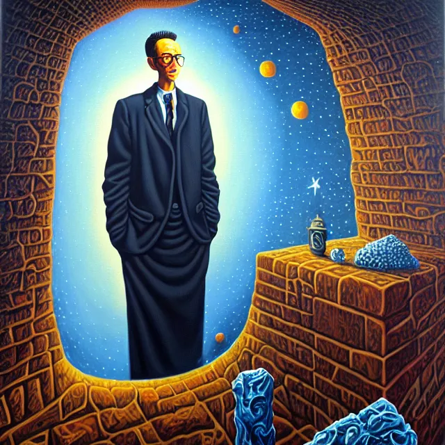 Image similar to an oil on canvas portrait painting of max stirner, surrealism, surrealist, cosmic horror, rob gonsalves, high detail