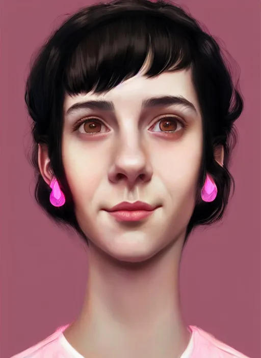 Image similar to portrait of teenage girl, realistic, black hair, bangs, half updo hairstyle, pointy nose, skinny, smile, ugly, defined jawline, big chin, pink hair bow, earrings, intricate, elegant, glowing lights, highly detailed, digital painting, artstation, sharp focus, illustration, art by wlop, mars ravelo and greg rutkowski