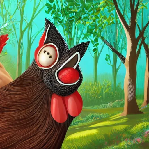 Image similar to a fabulous old woman with a sly face, a long nose and a wart on it. there is a black cat nearby. the background of huge chicken paws on top is a hut. fabulous enchanting dense forest around. very clear image. hyperrealistic.