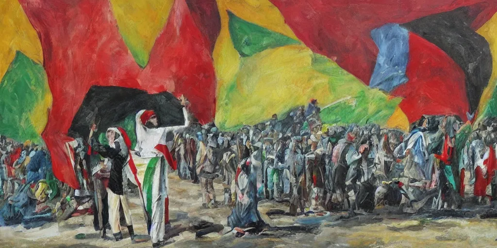 Prompt: dramatic painting of freedom for palestine, red green white black