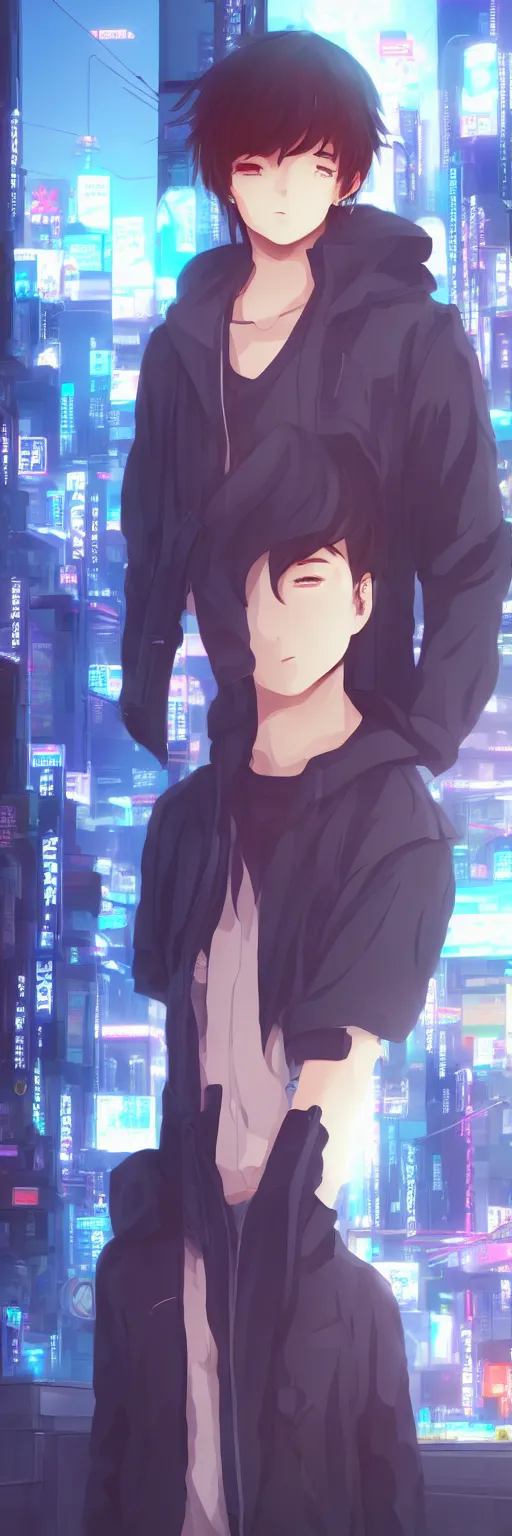 Image similar to a beautiful portrait of a cute anime boy in cyberpunk city. volumetric lighting, subsurface scattering, hyperrealistic, render, hyperdetailed