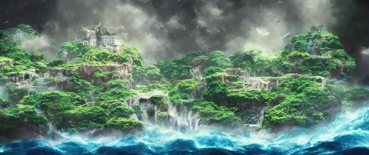 Image similar to a small crumbling island with waterfalls flowing off the island, floating in space, studio ghibli, digital art, detailed, depth of field