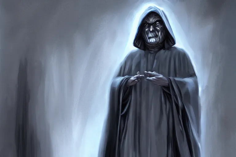 Image similar to emperor palpatine in robes, high detail, digital painting, clear focus, concept art,