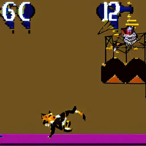 Image similar to Bubsy the Bobcat falling from a great height on to spikes, screenshot from the Atari Jaguar 1999, upward facing camera