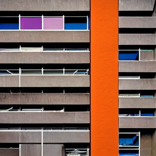 Prompt: Beautiful Photograph of a Colourful Modernist Brutalist Building, day-light