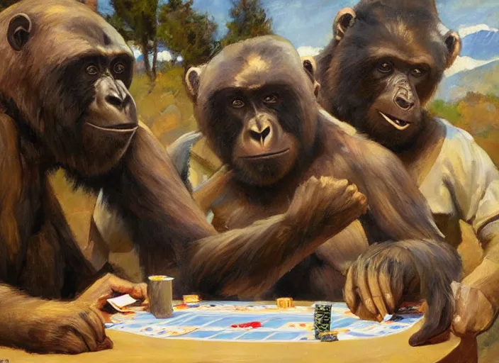 Image similar to gorrila and bear, playing poker highly detailed beautiful, by gregory manchess, james gurney, james jean