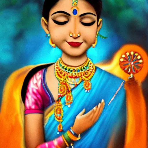 Image similar to A blue cloud on the head of a beautiful Indian princess, tears instead of rain, a gentle smile