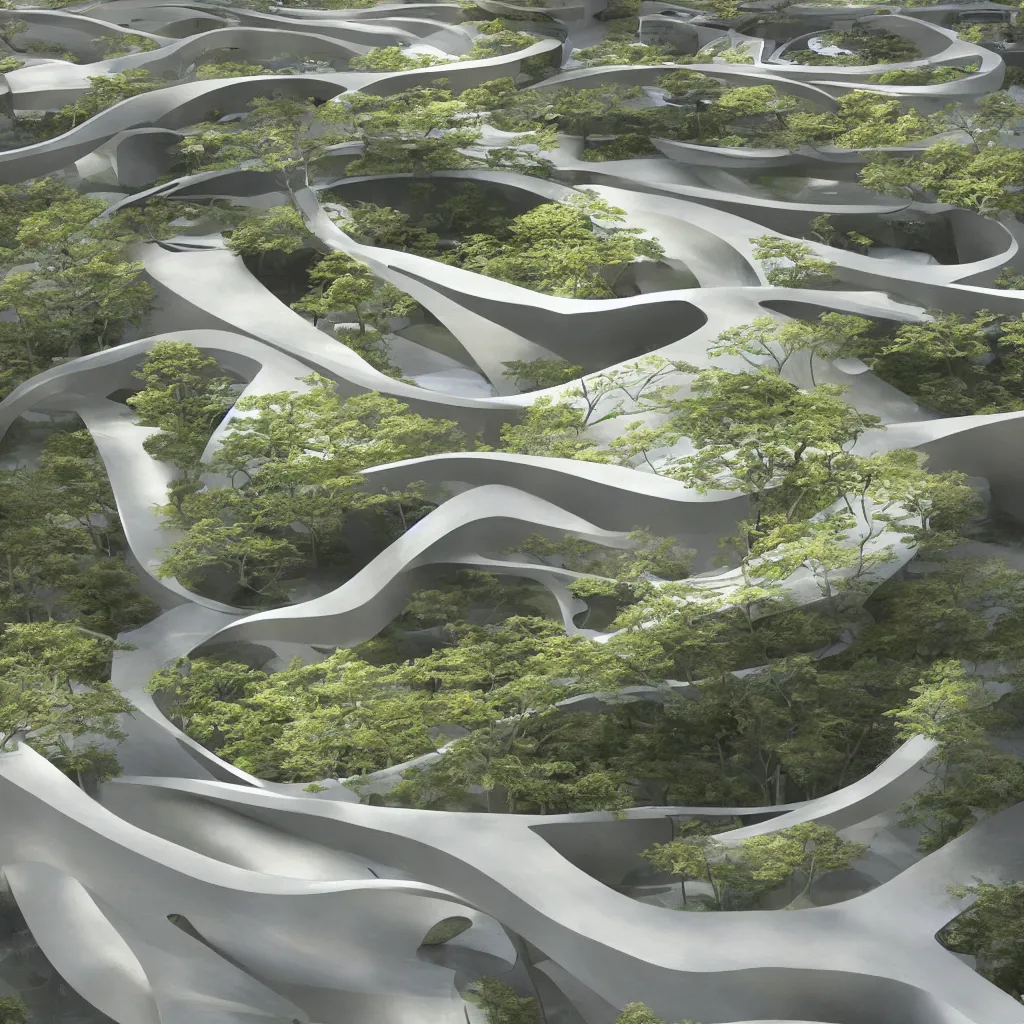 Image similar to “ an incredibly smooth curvilinear architectural sculpture, unfolding continuous golden surfaces enclose a visually interesting japanese zen garden designed by zaha hadid, architecture render ”