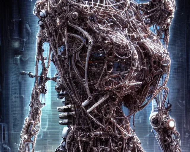 Image similar to photo of a biomechanical torso of a cyborg plugged into a quantum computer with cables and wires and optic fibers. cyberpunk horror style. art by luis royo. highly detailed 8 k. intricate. nikon d 8 5 0 5 5 mm. award winning photography.