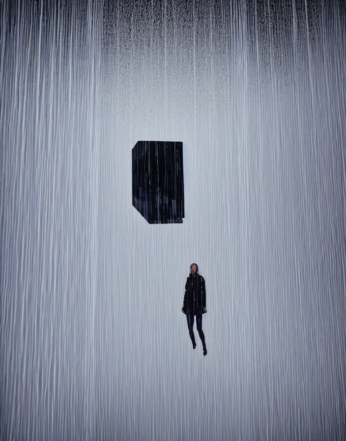 Image similar to close - up of an empty slick fashionable zara raincoat floating suspended mid - air featured on a glittering wet rainy light installation designed by olafur eliason, james turrell, okuda, shot by denis villeneuve, wes anderson, lily frank, symmetry, rule of thirds