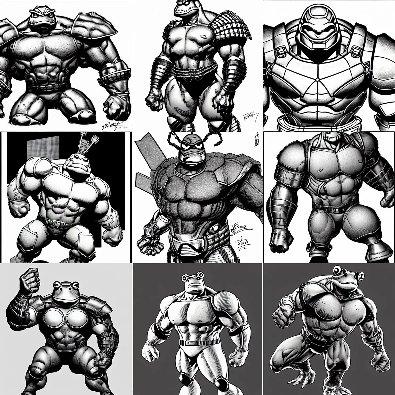 Prompt: anthropomorphic toad!!! jim lee!!! sideview full shot!! flat ink sketch grayscale by jim lee close up in the style of jim lee, ( attention pose ) cyborg! battle armor rugged knight hulk toad animal superhero by jim lee