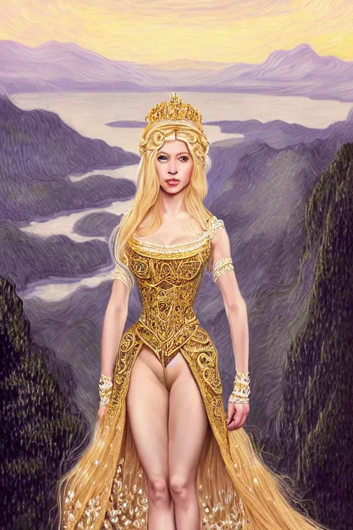 Image similar to portrait of a humanoid princess with long blonde hair, standing next to a beautiful view, ornate white officers outfit with gold embellishments, intricate, elegant, highly detailed, digital painting, artstation, concept art, smooth, sharp focus, illustration, art by van gough, 8 k