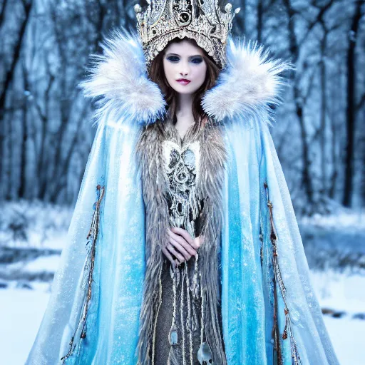 Image similar to beautiful ice queen with ornate cloak and crown, highly detailed, 4k, HDR, smooth, sharp focus, hyper realistic, high resolution, award-winning photo