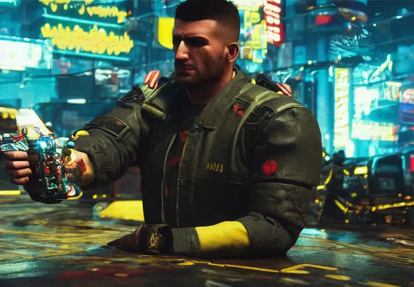 Prompt: Hezbollah Magomedov in cyberpunk 2077 fighting police