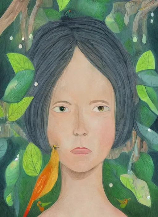 Image similar to a wonderful childrens illustration book portrait painting of a woman with serene emotion, art by tracie grimwood, forest, trees, many leaves, birds, whimsical, aesthetically pleasing and harmonious natural colors