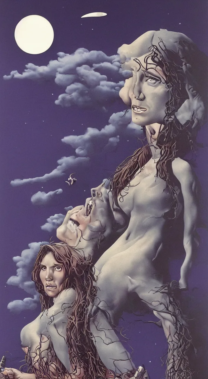 Image similar to portrait of a beautiful young witch with a moon above her in the sky by richard corben airbrush