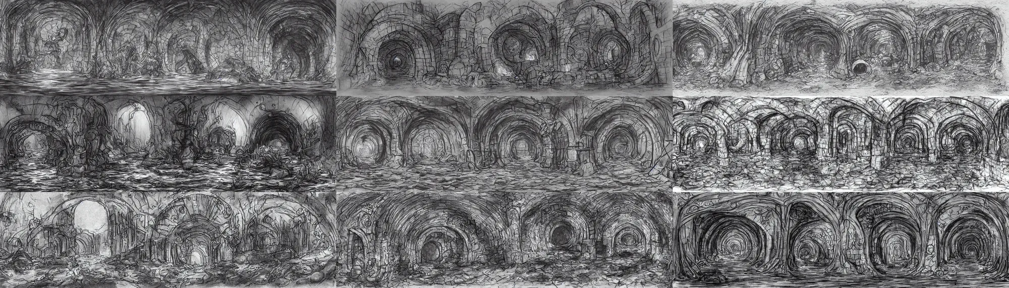 Prompt: intersection of flooded sewer tunnels. fantasy art, underground, stream, musty, damp, sewage, darkness, underground, catacombs, abandoned spaces, torchlight. sketch art earthdawn campaign setting. myth drannor. parlainth.