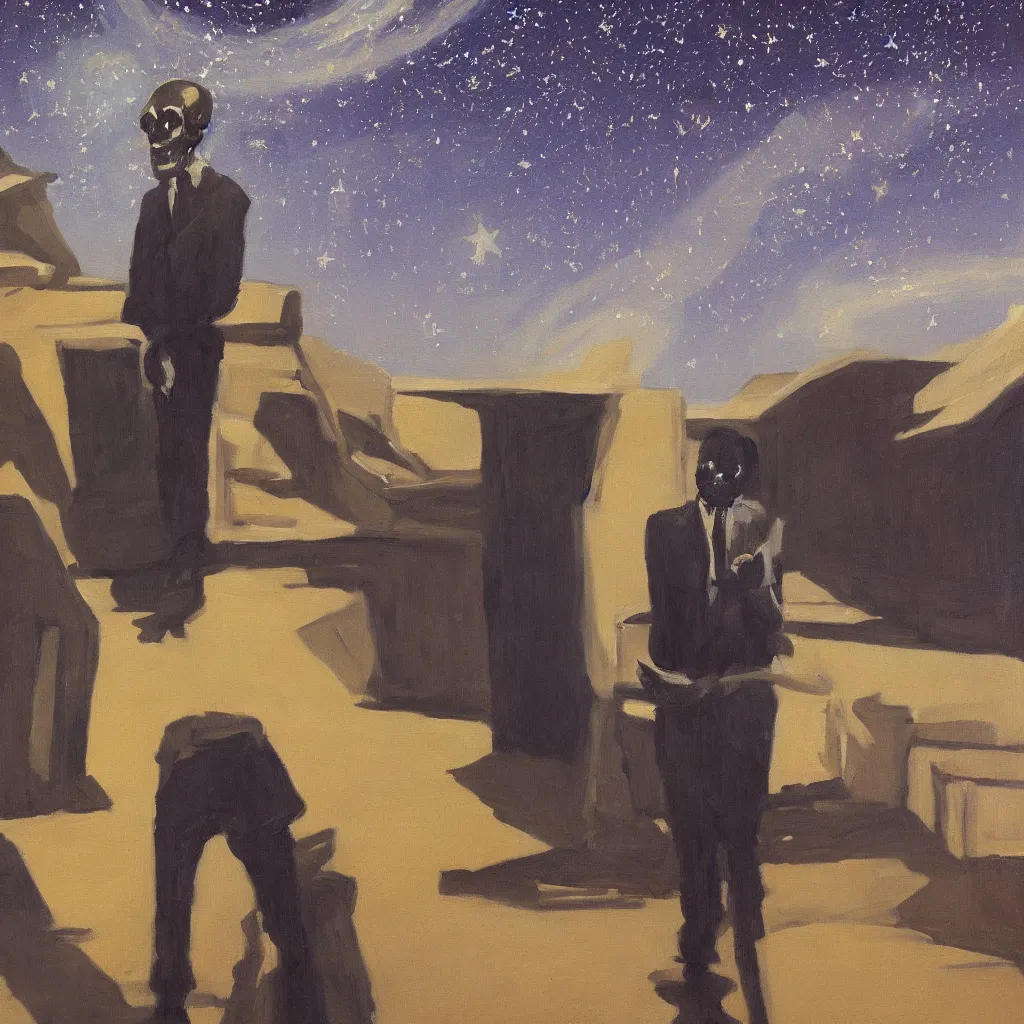 Image similar to a painting of a man walking down a lonely street on another planet and the sky is covered in stars, the head of the man is a skull, he is wearing a suit, in the style of edward hopper, 4 k,