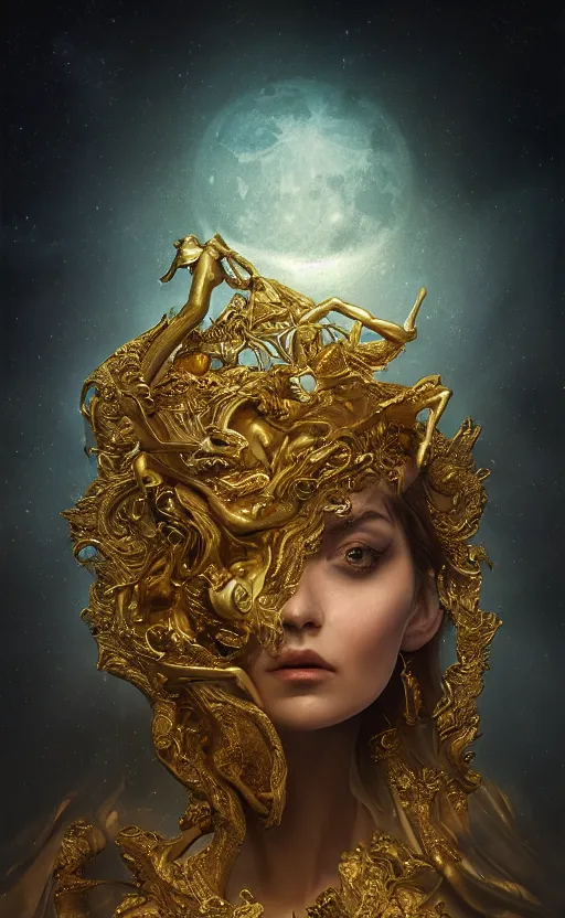Image similar to ariadne, desire and duality, masterpiece close to a candle in dark room, cinematic, powerful, moon beams dramatic light, highly, intricate gold elements, hollow souls, detailed, digital painting, artstation, concept art, sharp focus, graphlex, dof, illustration, art by Irakli Nadar, Timofey Stepanov, Dreamy vibe