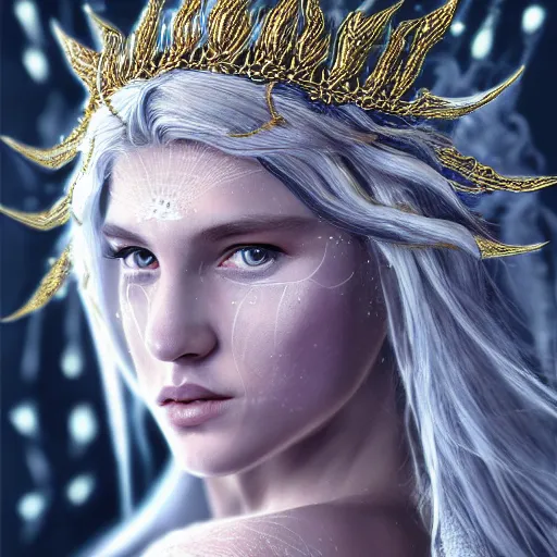 Image similar to highly detailed sharp photorealistic portrait of a beautiful lithuanian female priestess with shimmering hair, symmetrical face and eyes, dressed in intricate flowing silk, the silky cloth lined with golden glowing letters, cgsociety, Elden Ring, Dark Souls, Bloodborne H 640