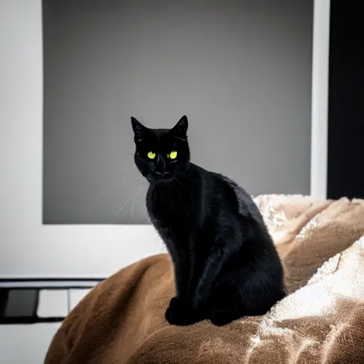 Prompt: photograph of a black cat sitting in a white studio