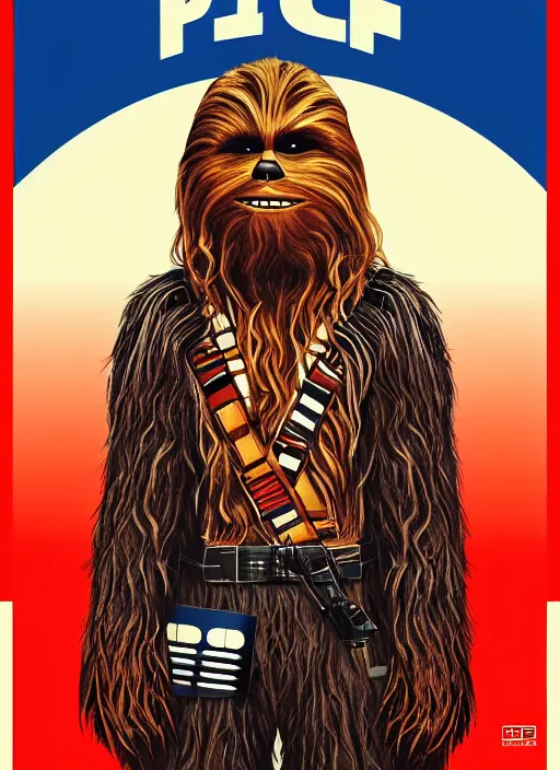 Image similar to chewbacca presidential election poster showing close up of chewbacca face red and blue duotone by sheperd fairey no text