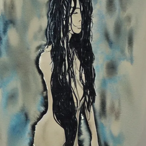 Prompt: Harry Weisburd Artwork Black Wet Hair, 2007 Watercolor, Hachishakusama (Eight-Feet-Tall) #One shot - Goddess