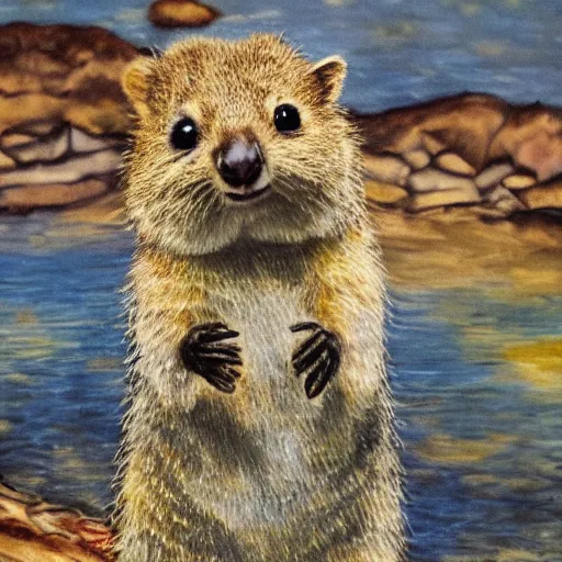 Image similar to quokka holding a mudskipper next to a river, painting