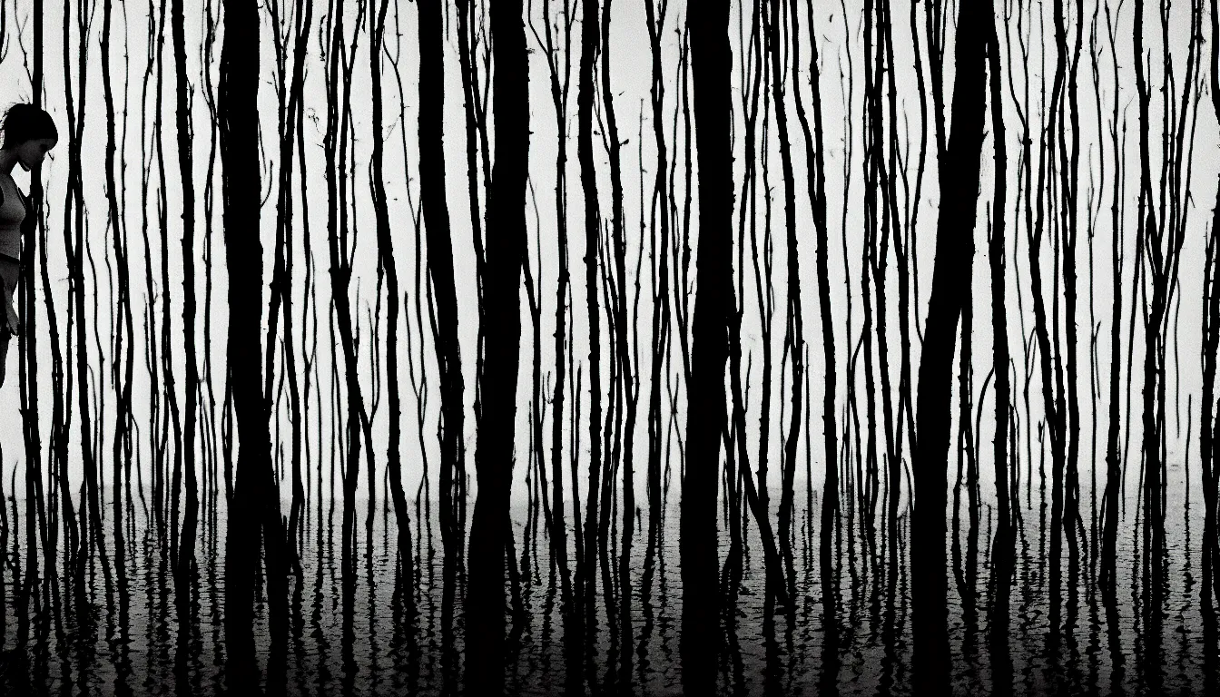 Image similar to silhouette of a person in wavy flood thin birch swamp, scary, dark, atmospheric, ambient vibe, very detailed, 8 k