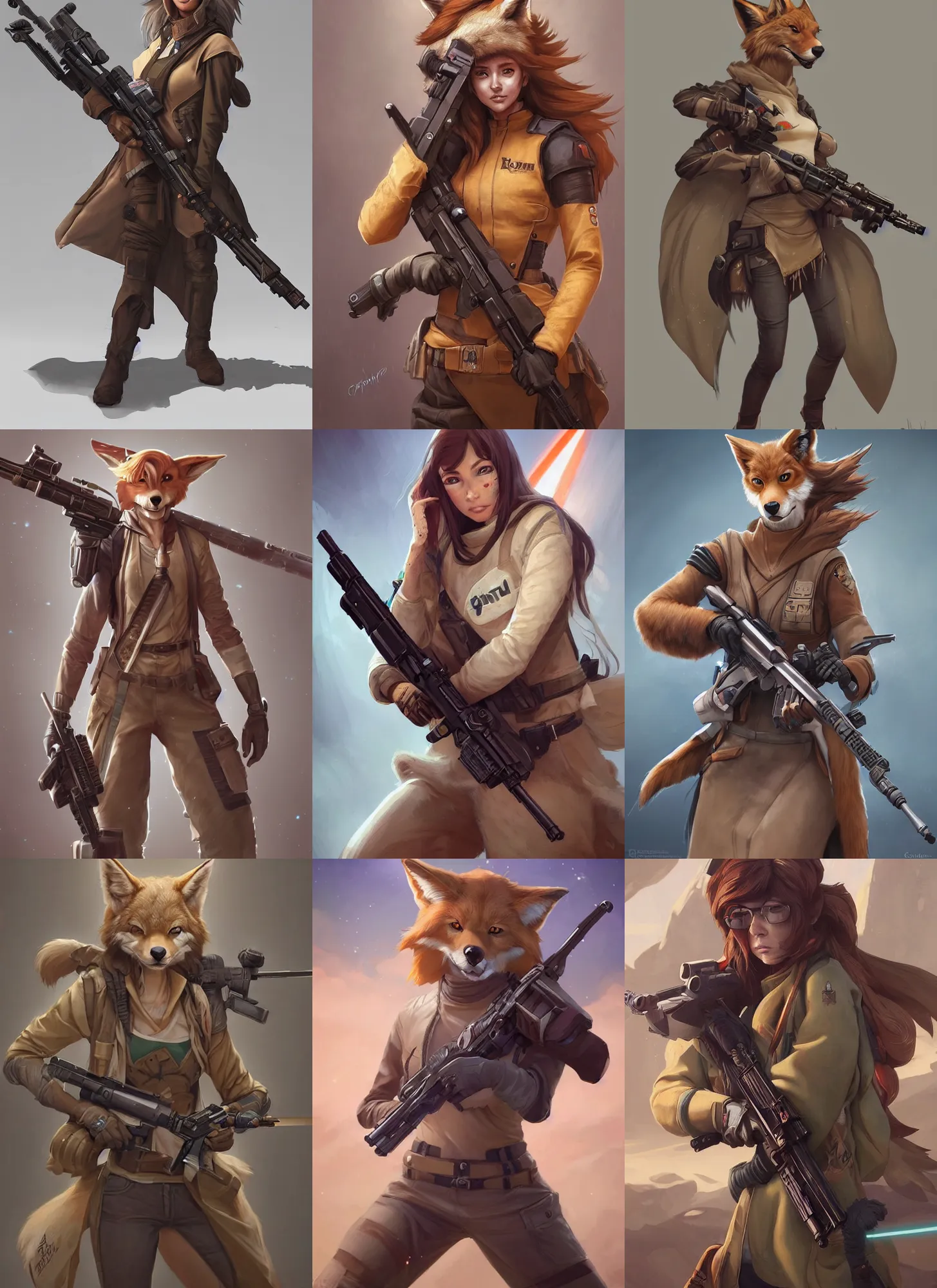 Prompt: beautiful portrait of a female anthropomorphic coyote fursona wearing jedi robes wielding an assault rifle. detailed hands. character design by charlie bowater, ross tran, artgerm, and makoto shinkai, detailed, soft lighting, rendered in octane