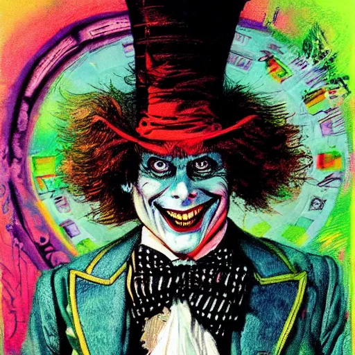 Image similar to a portrait of the mad hatter in wonderland, by basil gogos and phillipe druillet and paul lehr, trending on artstation hq, deviantart, pinterest, 4 k uhd image