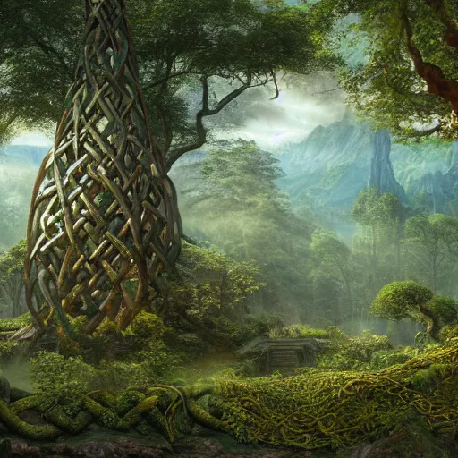 Image similar to a beautiful and highly detailed matte painting of a wooden elven temple in a magical fantasy garden in a lush forest, celtic knots, ancient runes, knotted trees, tangled vines, intricate details, epic scale, insanely complex, 8 k, sharp focus, hyperrealism, very realistic, by caspar friedrich, albert bierstadt, james gurney, brian froud,