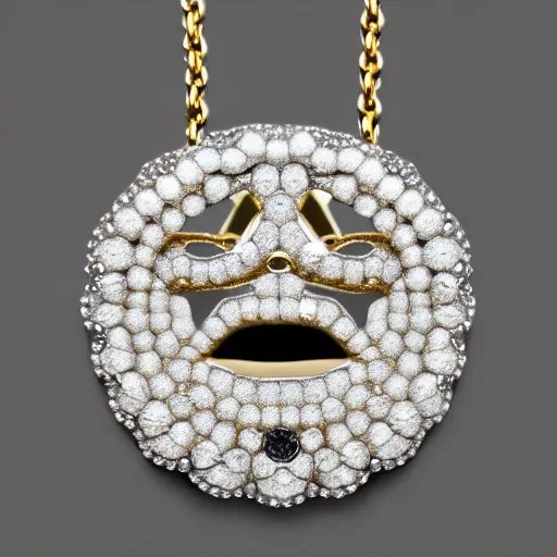 Prompt: teeth made of diamonds, as a pendant on a gold chain