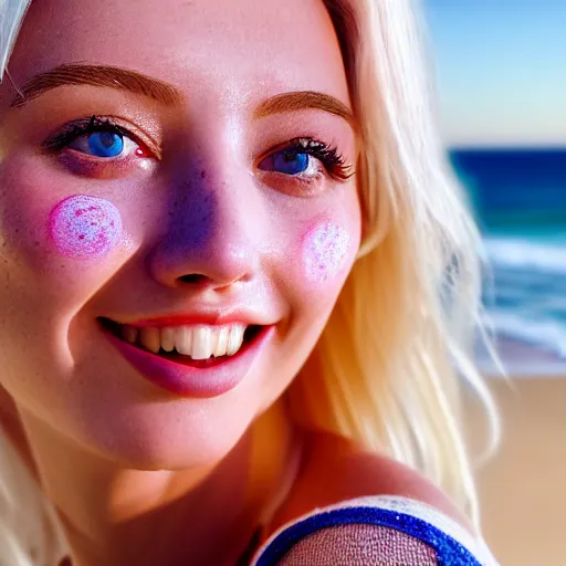 Image similar to beautiful hyperrealism hyperdetailed photograph of a cute thin young woman in love with you, smiling adoringly at the camera, platinum blonde hair, flushed face, blushing, big puffy lips, heart - shaped face, light freckles on cheeks and nose, 8 k, sharp focus, golden hour, beach setting