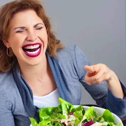 Prompt: a stock image of a lady laughing while eating salad, professional detailed photo