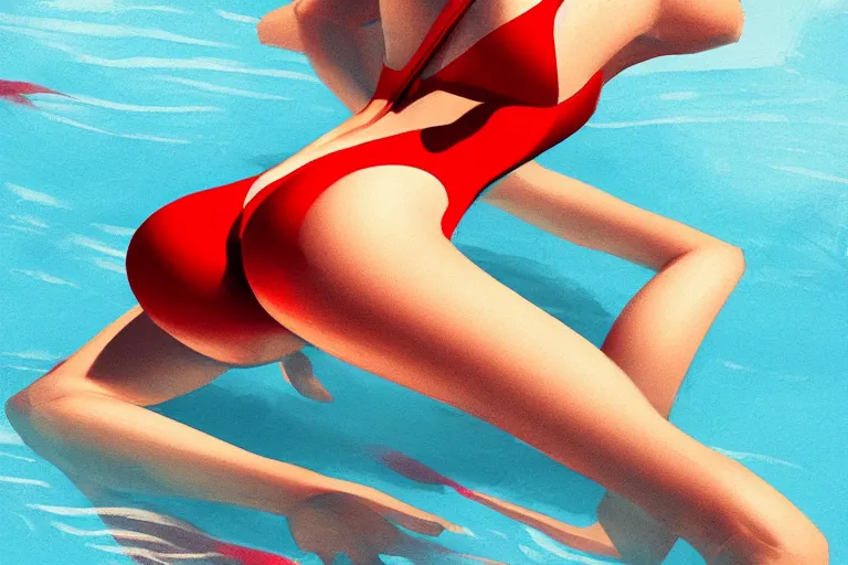 Image similar to fishes swim around woman in red swimsuit, highly detailed, smooth, sharp focus, concept art, illustration, beautiful, geometric, trending on artstation, cinematic, behance featured, artwork by Bowater, Charlie