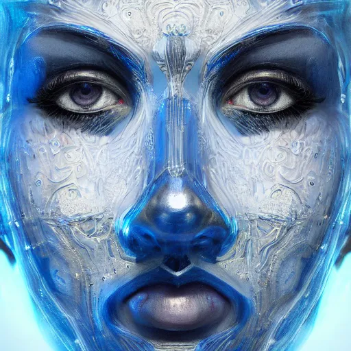 Image similar to Very very very very highly detailed epic central composition portrait of face with venetian mask, blue, intricate, dystopian, sci-fi, extremely detailed, digital painting, artstation, concept art, smooth, sharp focus, illustration, intimidating lighting, incredible art by Tokujin Yoshioka and Anton Pieck