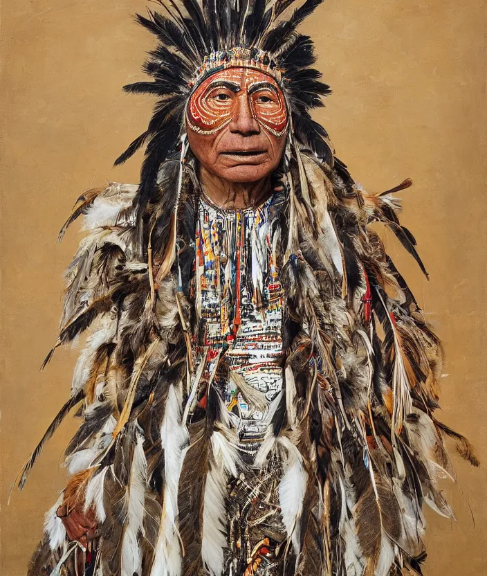 Image similar to full body shot picture of indigenous people, painted by lucian freud, intricate costume design, beautiful feathers, hd, super detailed, realistic, vivid, inspiring