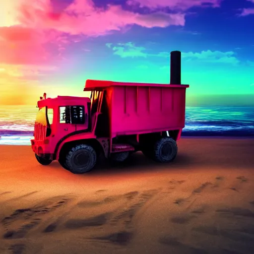 Image similar to a mining dump truck chilling on the beach, sunset, vaporwave