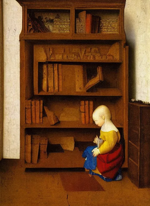 Image similar to bookshelf with books and children toys, medieval painting by jan van eyck, johannes vermeer, florence