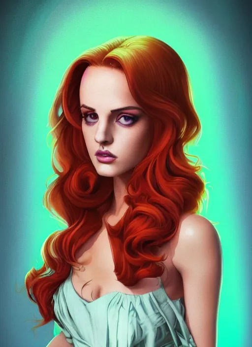 Prompt: full body portrait of teenage cheryl blossom, bangs, green eyes, mischievous expression, red hair, sultry smirk, bangs and wavy hair, 1 9 8 0 s, intricate, elegant, glowing lights, highly detailed, digital painting, artstation, concept art, smooth, sharp focus, illustration, art by wlop, mars ravelo and greg rutkowski