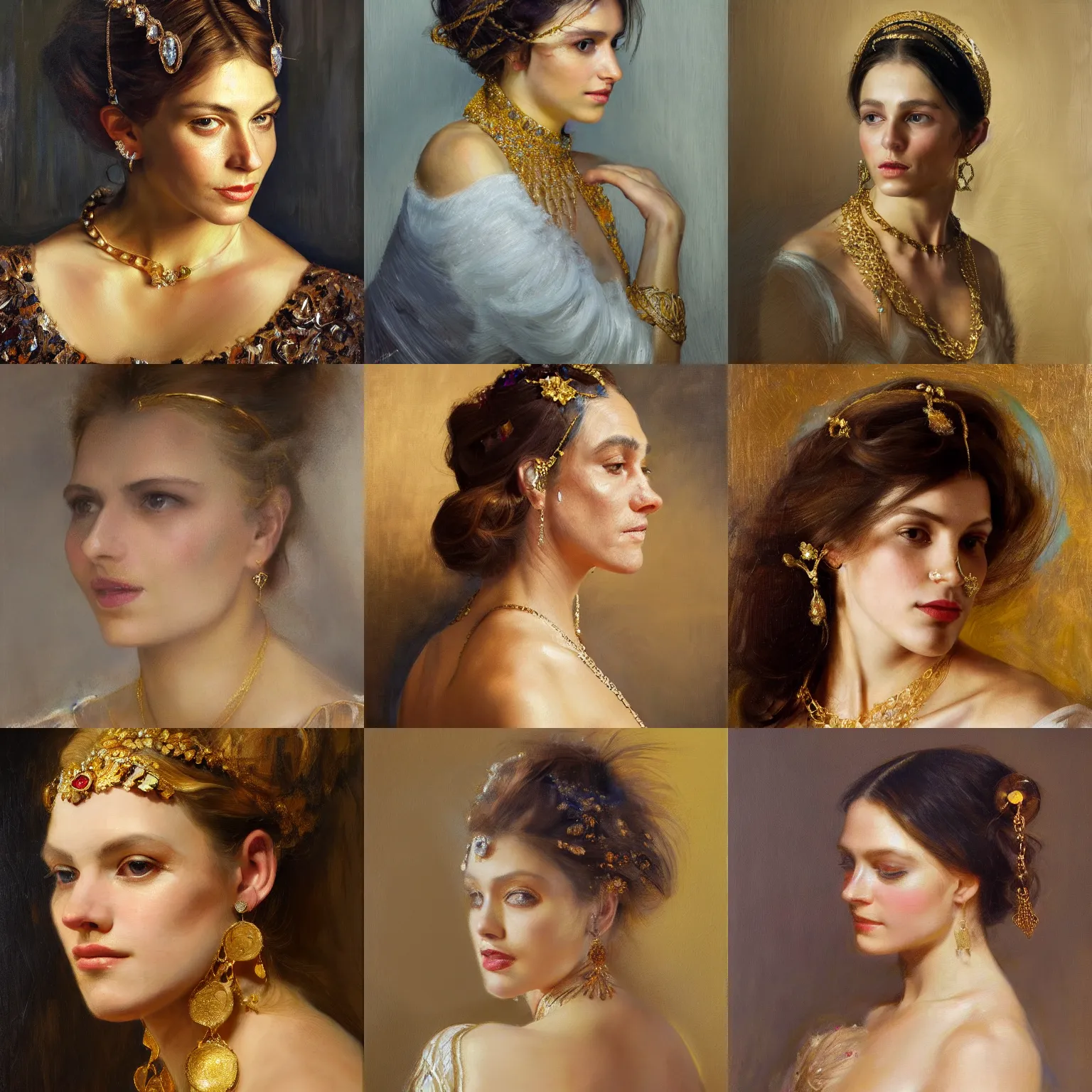Prompt: beautiful woman wearing golden jewelry in her hair portrait by Nasreddine Dinet and Theodore Ralli and Jean Discart and Anders Zorn, masterful intricate artwork. Oil on canvas, excellent lighting, high detail 8k